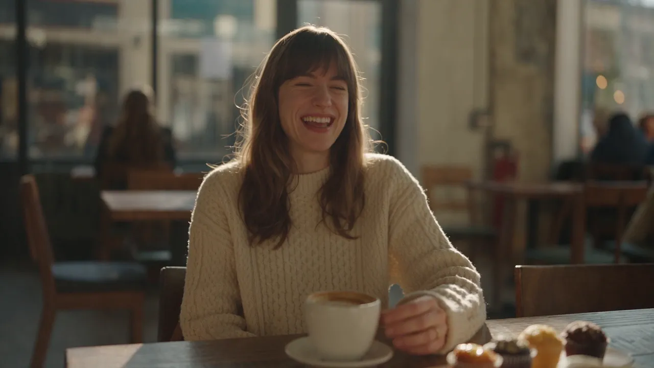 Frame of a laughing woman in a cafe, taken from a clip generated with Creamify's video engines