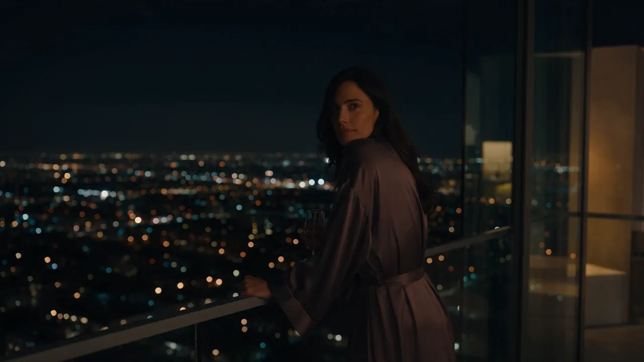 Frame of a woman on a city balcony, lifted from a generated clip