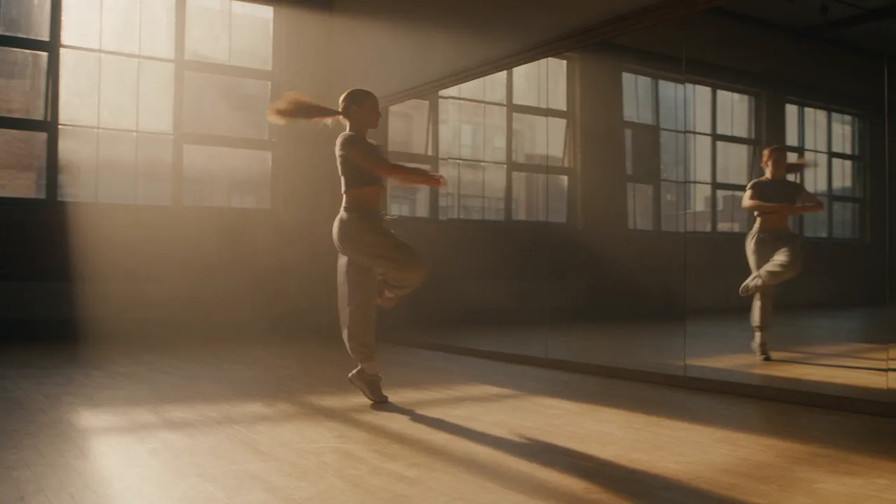 Still frame from a dance-studio motion clip produced by Creamify's Dream video engine