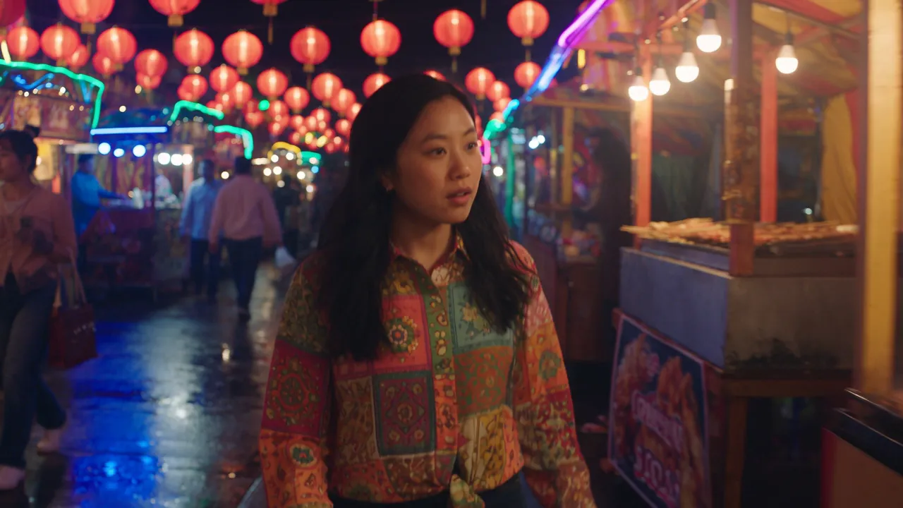 Frame from a generated night market clip with lantern light